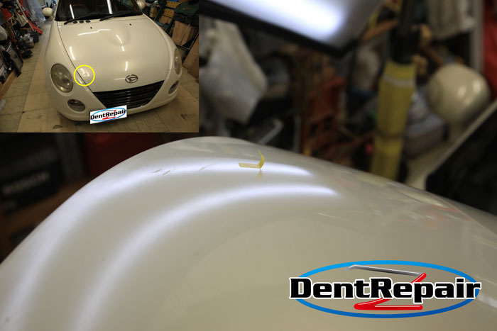 コペンボンネット右のへこみ、修理後の写真