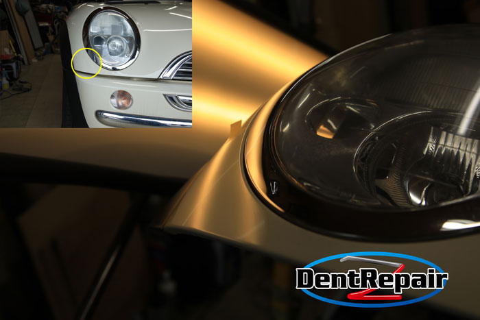 ミニクーパーのボンネットのへこみ、修理後の写真